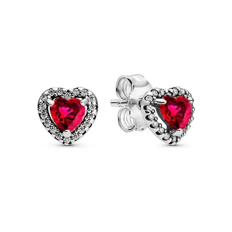New 925 sterling silver heart-shaped earrings, rings, necklaces, pink red rainbow luxury set, sparkling charm jewelry,  gifts