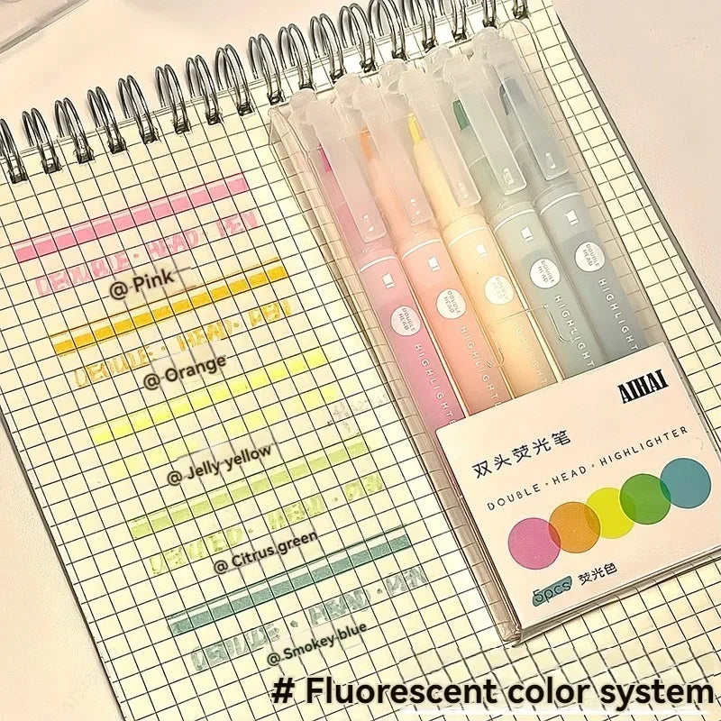 5 Colors/Set Double Unique Window Tip Highlighter Pen Double Head Pastel Color highlighters Marker School Stationery Supplies