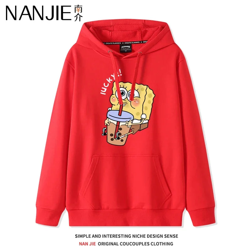 Autumn and Winter Hoodies Women Anime Hoodie Couple Wear The Same Style Cartoon Print SpongeBob Lovers Sweater Loose Hoodie Coat