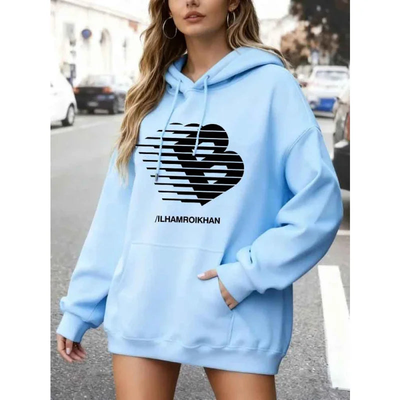 Street Fashion Casual Hoodie for Women's Polyester Knit Fabric Long Sleeve Regular Fit Hooded Pullover with Slight Stretch