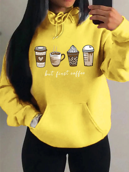 First Coffee Cartoons Coffee Drinks Pattern Hoodies Fashion Warm Hoody Casual Trendy Sweatshirt Street Women Pullovers