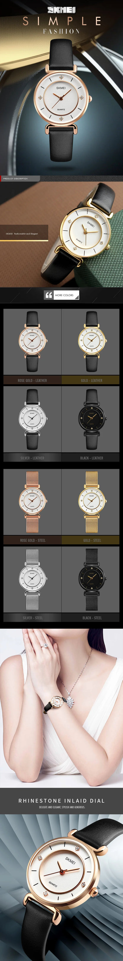 Skmei Original Brand Women Quartz Watches Fashion Leather Strap Analog Display Ladies Casual Waterproof Wristwatch