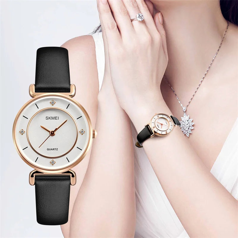 Skmei Original Brand Women Quartz Watches Fashion Leather Strap Analog Display Ladies Casual Waterproof Wristwatch