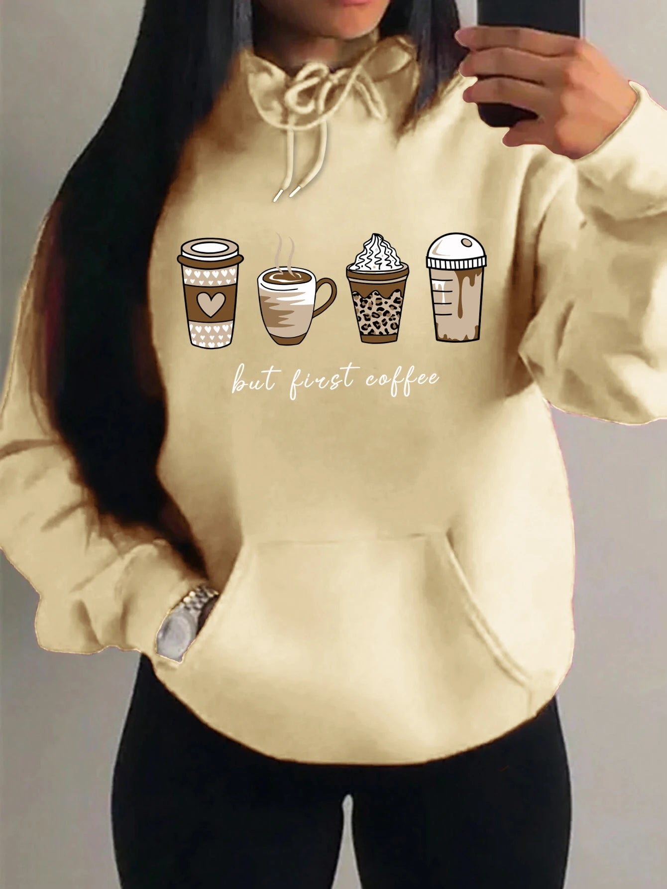 First Coffee Cartoons Coffee Drinks Pattern Hoodies Fashion Warm Hoody Casual Trendy Sweatshirt Street Women Pullovers