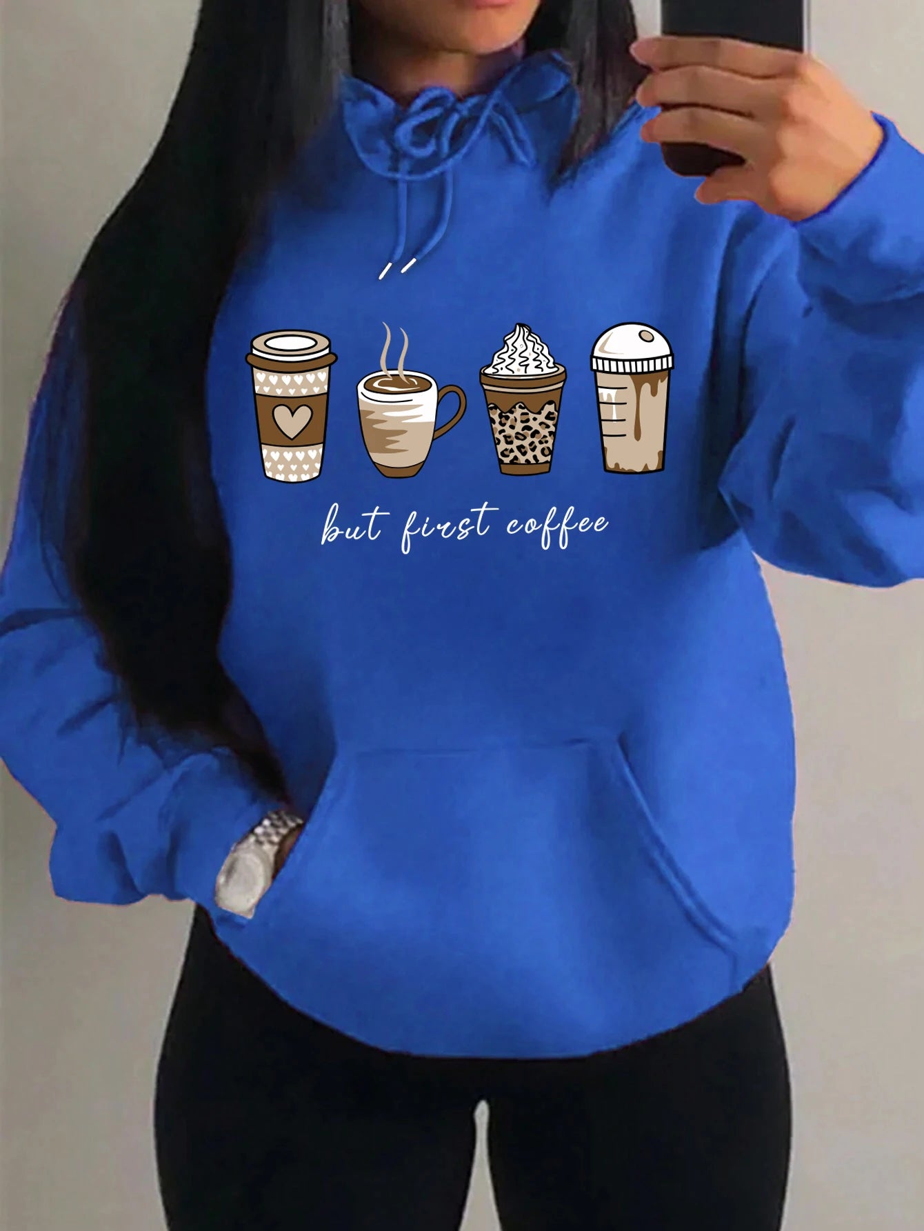 First Coffee Cartoons Coffee Drinks Pattern Hoodies Fashion Warm Hoody Casual Trendy Sweatshirt Street Women Pullovers
