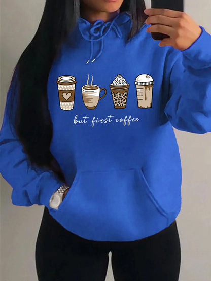 First Coffee Cartoons Coffee Drinks Pattern Hoodies Fashion Warm Hoody Casual Trendy Sweatshirt Street Women Pullovers