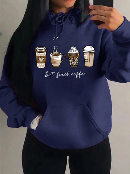 First Coffee Cartoons Coffee Drinks Pattern Hoodies Fashion Warm Hoody Casual Trendy Sweatshirt Street Women Pullovers