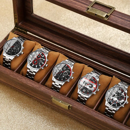 5Pcs/Set Casual Fashion Quartz Watch Set for Men, Silver Stainless Steel Round Dial with Date Quartz Watch Set for Men