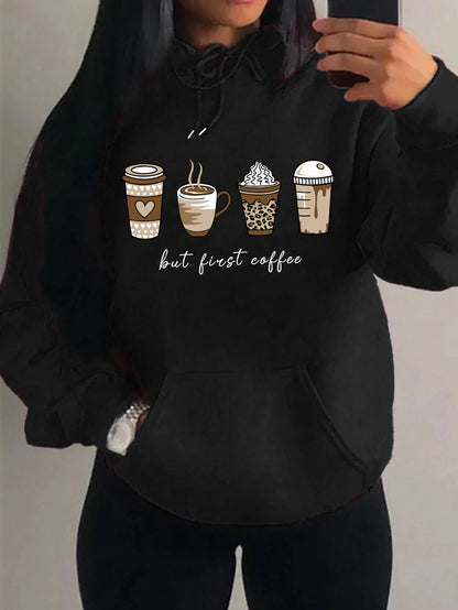 First Coffee Cartoons Coffee Drinks Pattern Hoodies Fashion Warm Hoody Casual Trendy Sweatshirt Street Women Pullovers