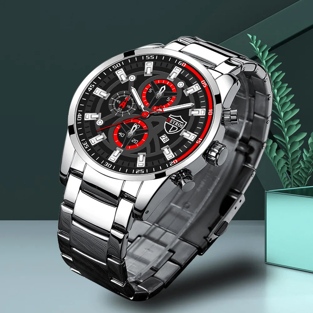 5Pcs/Set Casual Fashion Quartz Watch Set for Men, Silver Stainless Steel Round Dial with Date Quartz Watch Set for Men