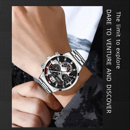 5Pcs/Set Casual Fashion Quartz Watch Set for Men, Silver Stainless Steel Round Dial with Date Quartz Watch Set for Men