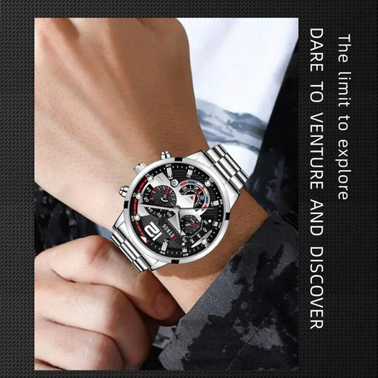 5Pcs/Set Casual Fashion Quartz Watch Set for Men, Silver Stainless Steel Round Dial with Date Quartz Watch Set for Men