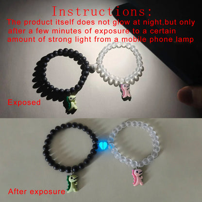2 pieces/set Luminous heart cute dinosaur couple bracelet Fashion beaded bracelet